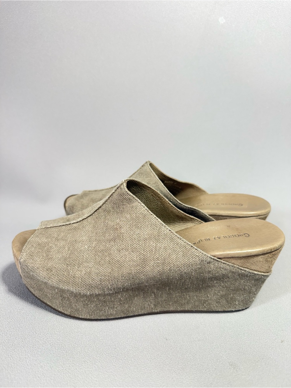 CHOCOLAT BLU Watts Beige Canvas and Leather Wedge Peep Toe Slides